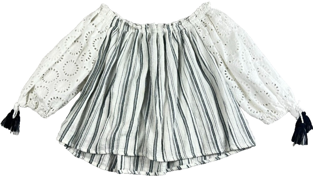 Sundance Quiet Allure Eyelet Blouse Women's S White Striped Off Shoulder Tassel